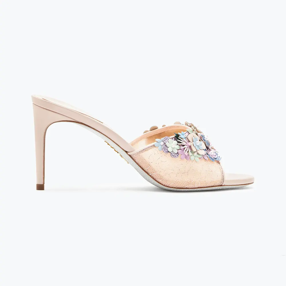 Side angle of Rene Caovilla Women Roxanne Nude Slider Sandal 80 showing heel