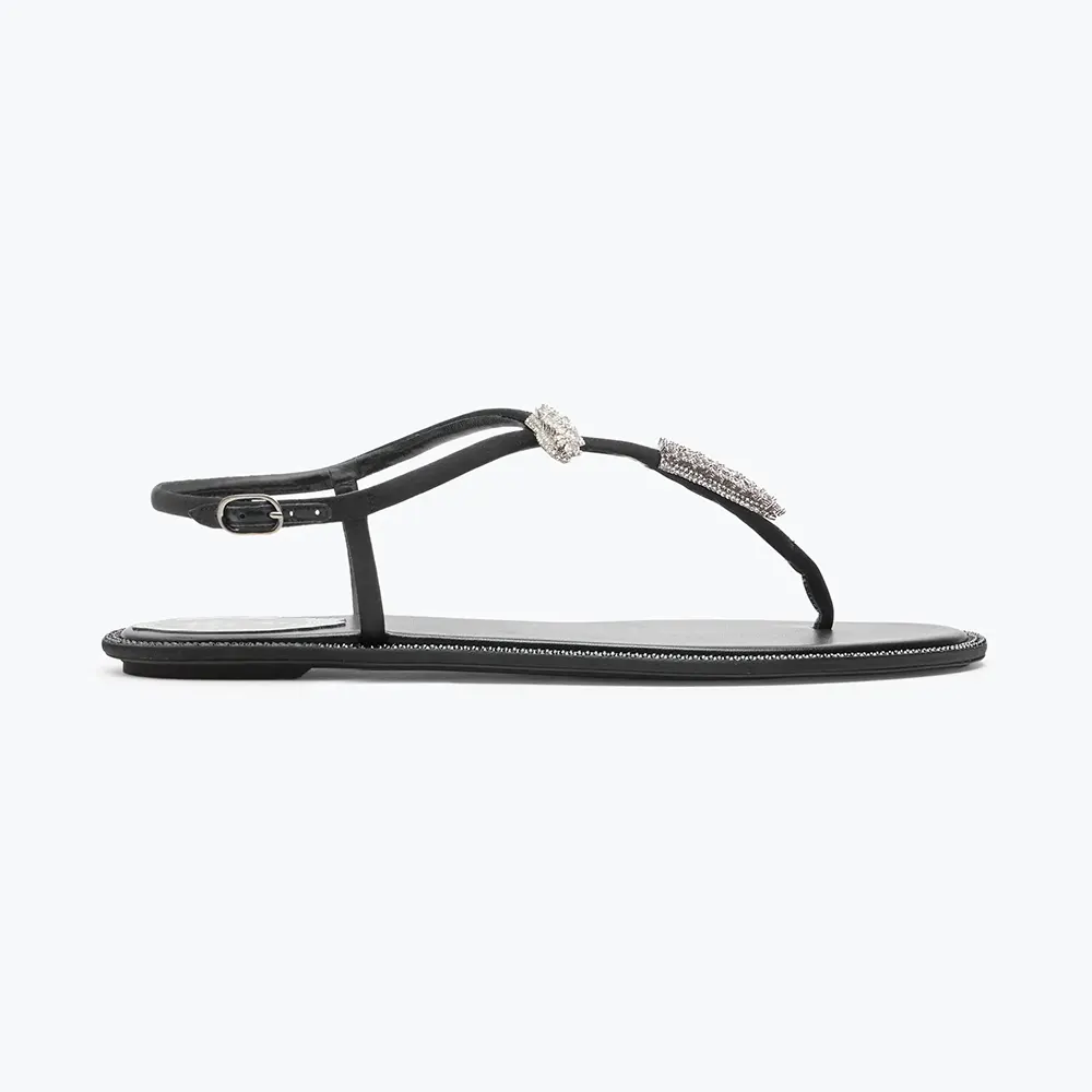 Side view of Rene Caovilla Women Serpente Black Thong Sandal 10 showing crystals