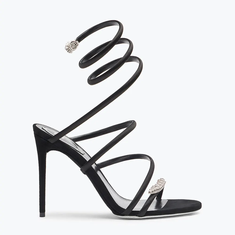 Side angle of Rene Caovilla Women Serpente Midnight Black Sandal with Crystals 105