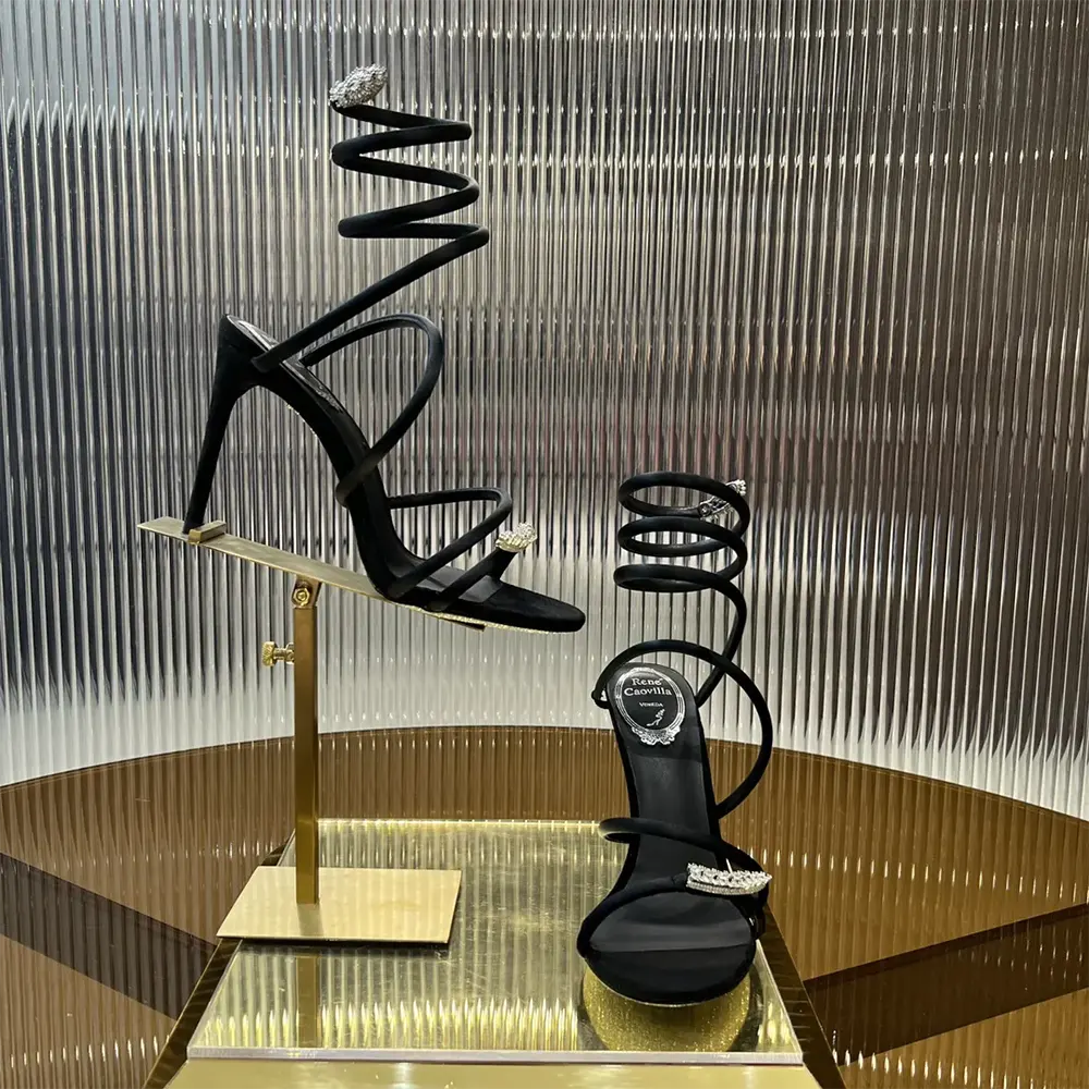 Rear view showing heel and ankle strap of Rene Caovilla Women Serpente Midnight Black Sandal with Crystals 105