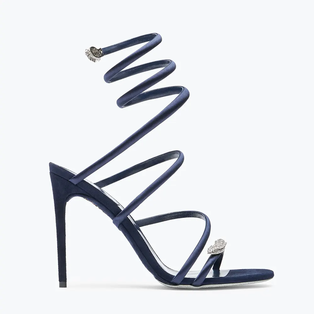 Side view of Rene Caovilla Women Serpente Midnight Blue Sandal with Crystals 105