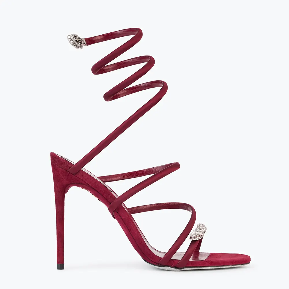 Side view of Rene Caovilla Women Serpente Midnight Red Sandal with Crystals 105