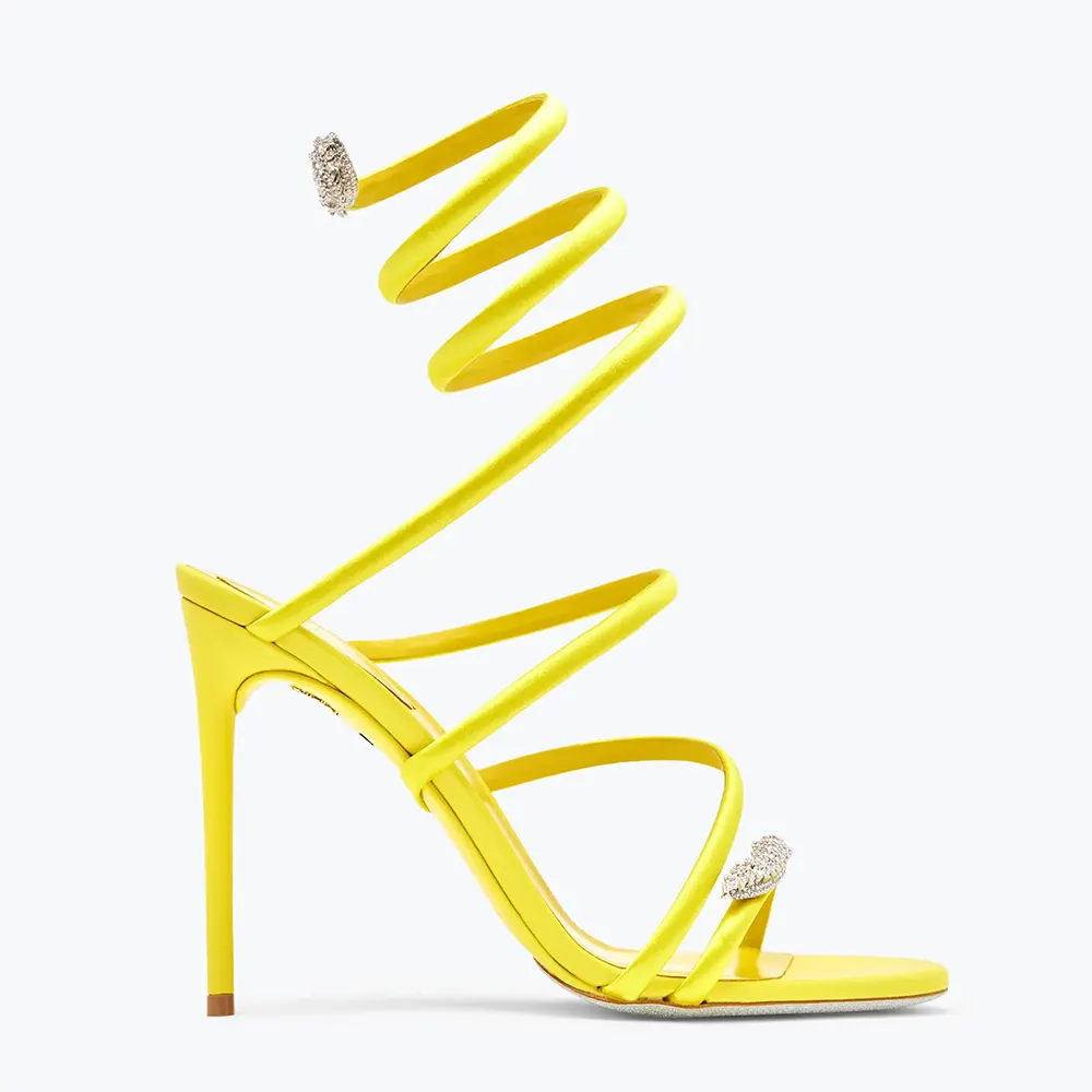 Side view of Rene Caovilla Women Serpente Midnight Yellow Sandal with Crystals 105