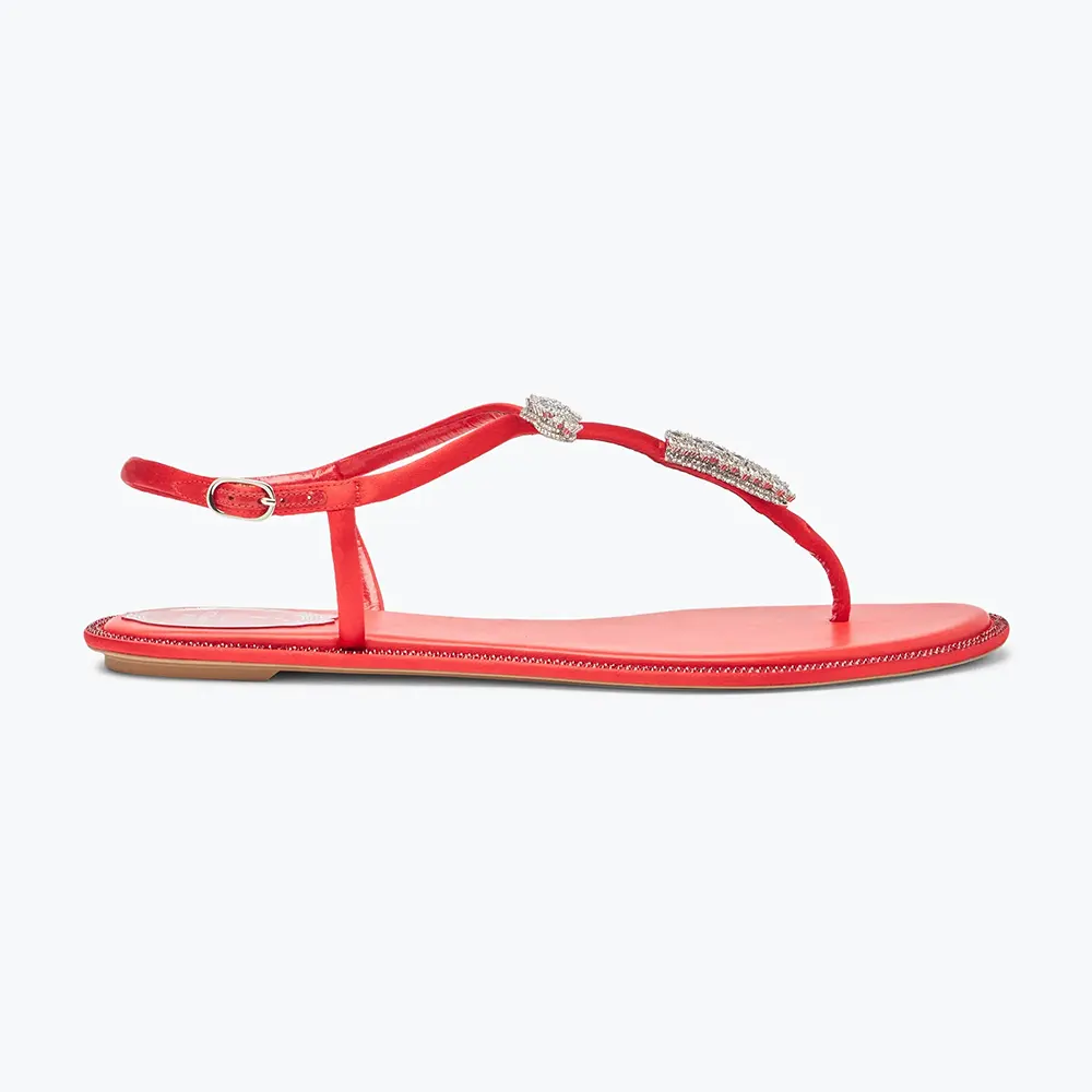 Side angle of Rene Caovilla Women Serpente Red Thong Sandal 10 with crystals