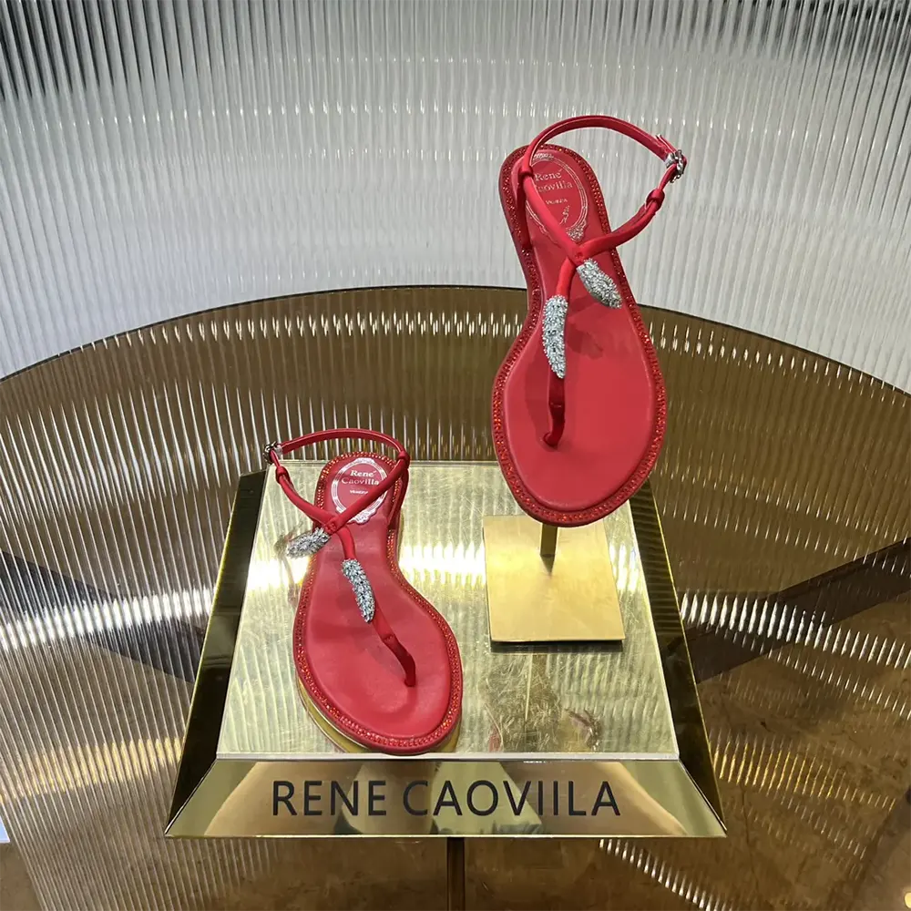Top view showing red leather thong strap on Rene Caovilla Women Serpente Red Thong Sandal 10