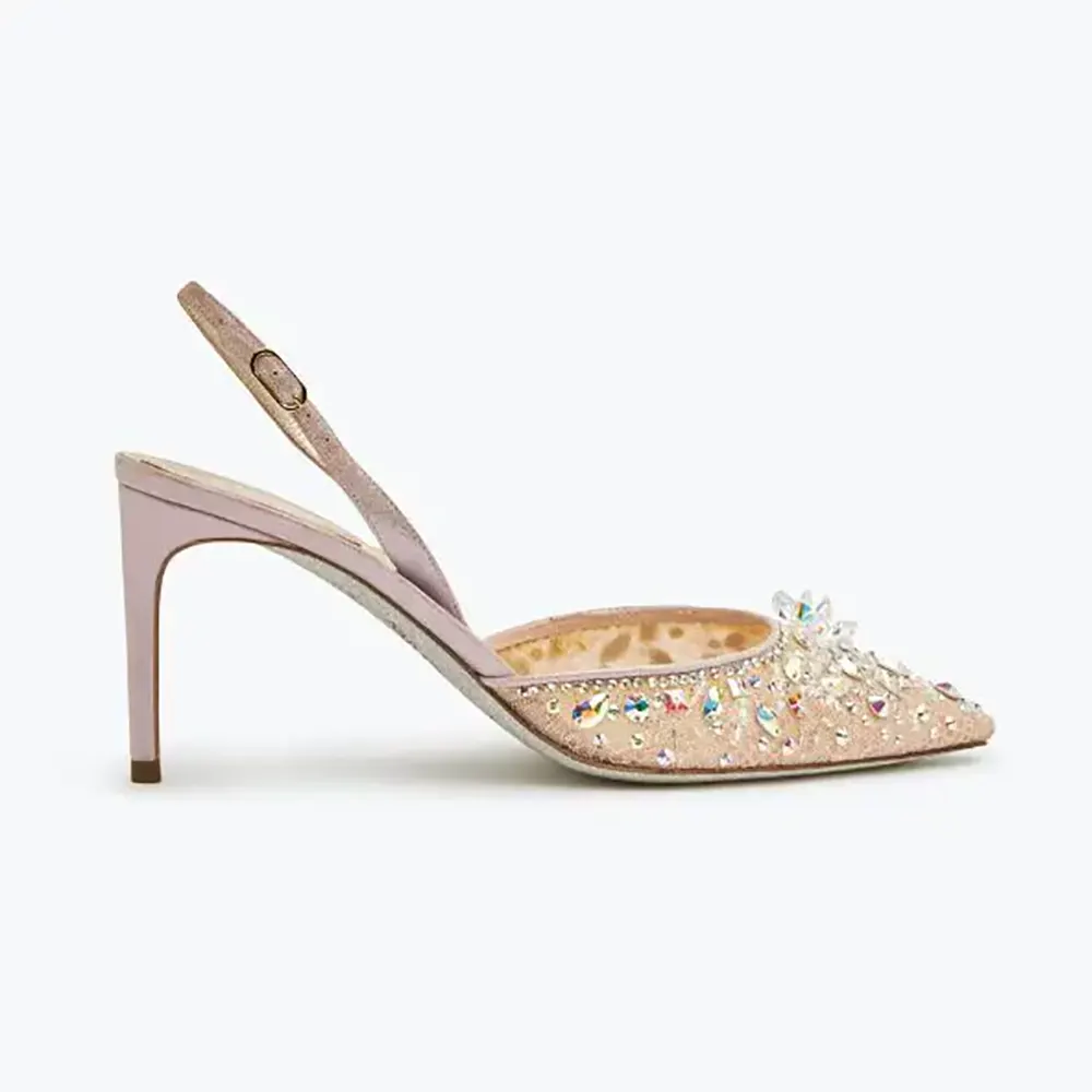 Side view of Rene Caovilla Women Pink Slingbacks Cinderella 75 showing heel