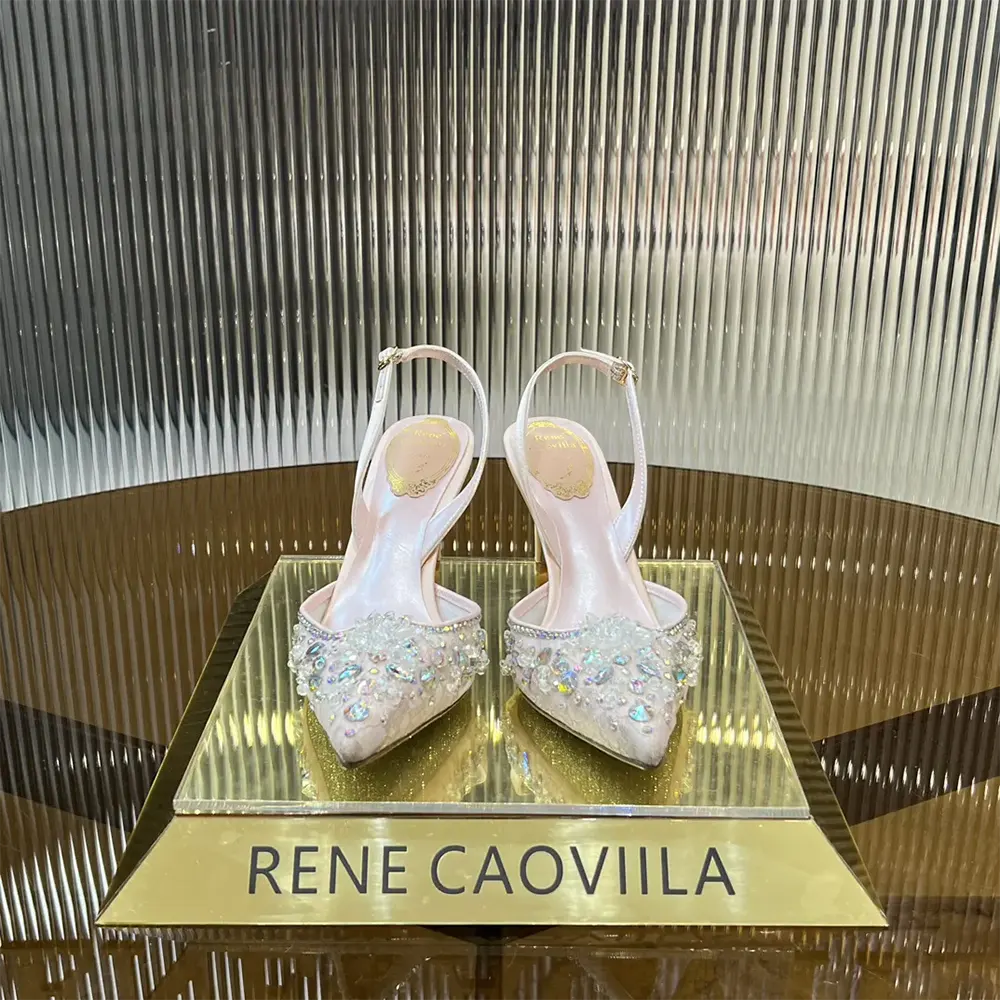 Close-up of crystal floral details on Rene Caovilla Women Pink Slingbacks Cinderella 75