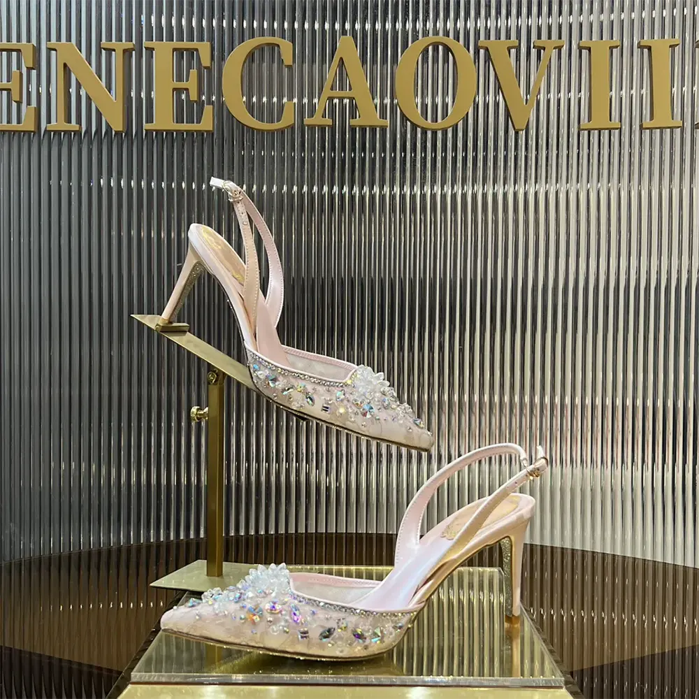 Top angle of Rene Caovilla Women Pink Slingbacks Cinderella 75 with slingback strap