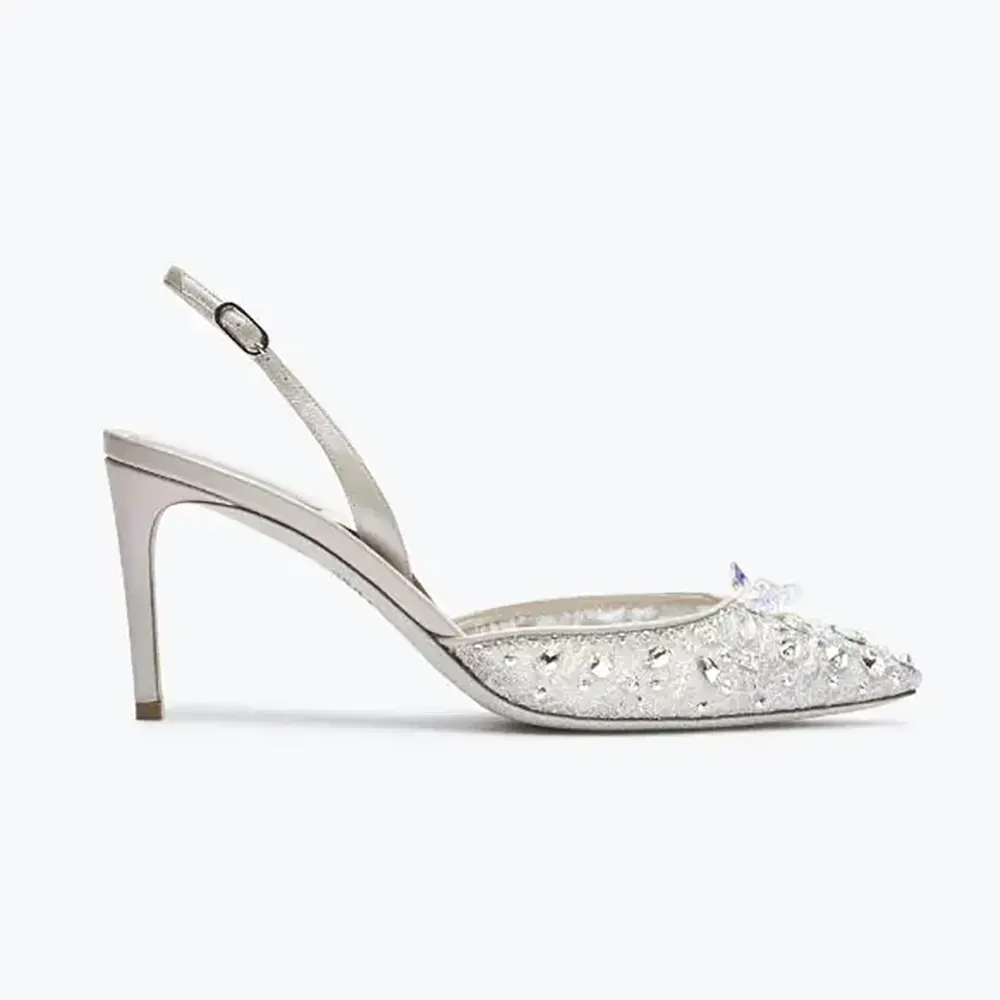 Side view of Rene Caovilla Women Silver Slingbacks Cinderella 75 showing heel