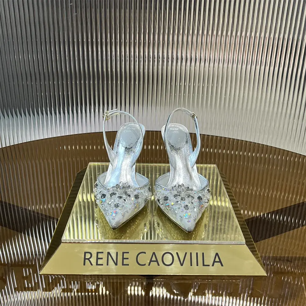 Top-down angle of Rene Caovilla Women Silver Slingbacks Cinderella 75 with slingback strap