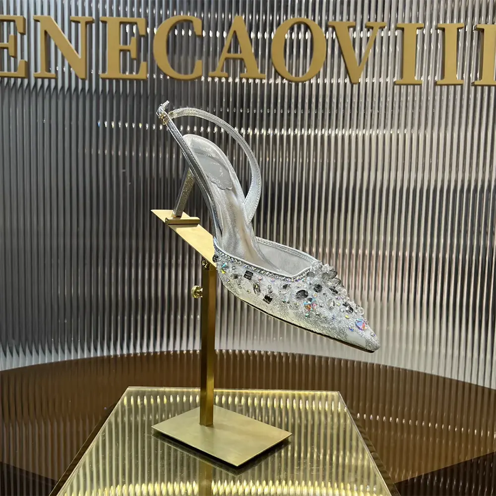 Close-up of sparkling crystal detail on Rene Caovilla Women Silver Slingbacks Cinderella 75
