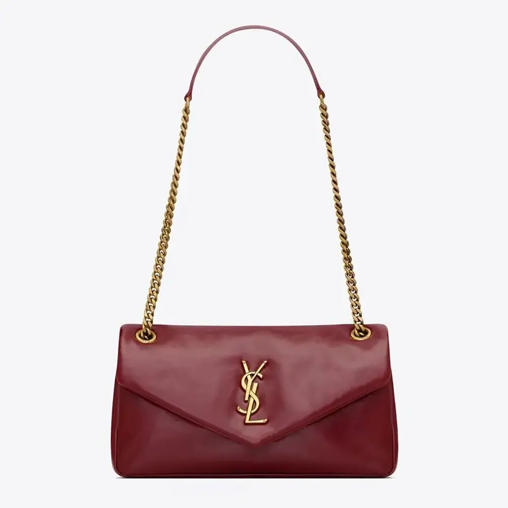Front view of Saint Laurent YSL Women Calypso Small in shiny maroon leather