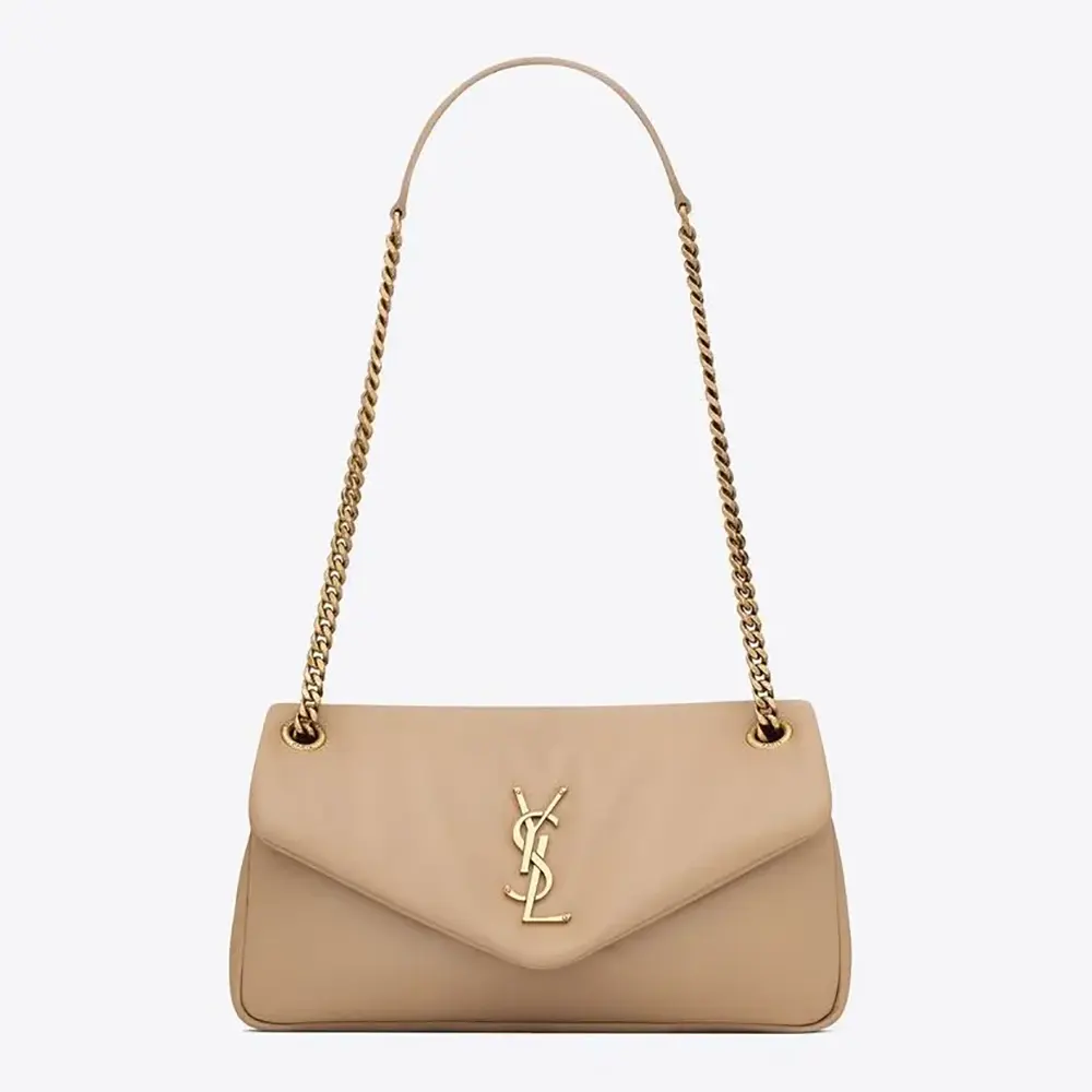 Front view of Saint Laurent YSL Women Calypso in Plunged Lambskin sandy bag