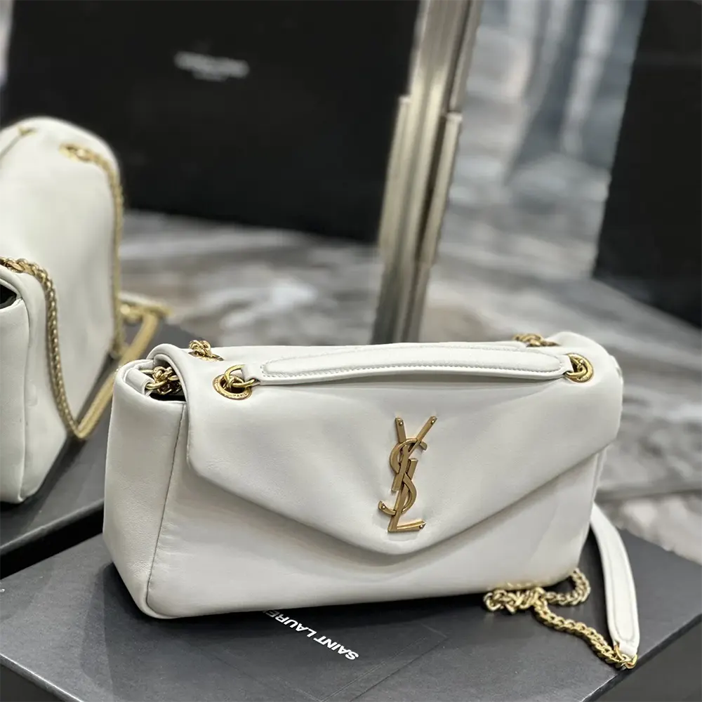Side angle showing silhouette and strap of Saint Laurent Calypso bag