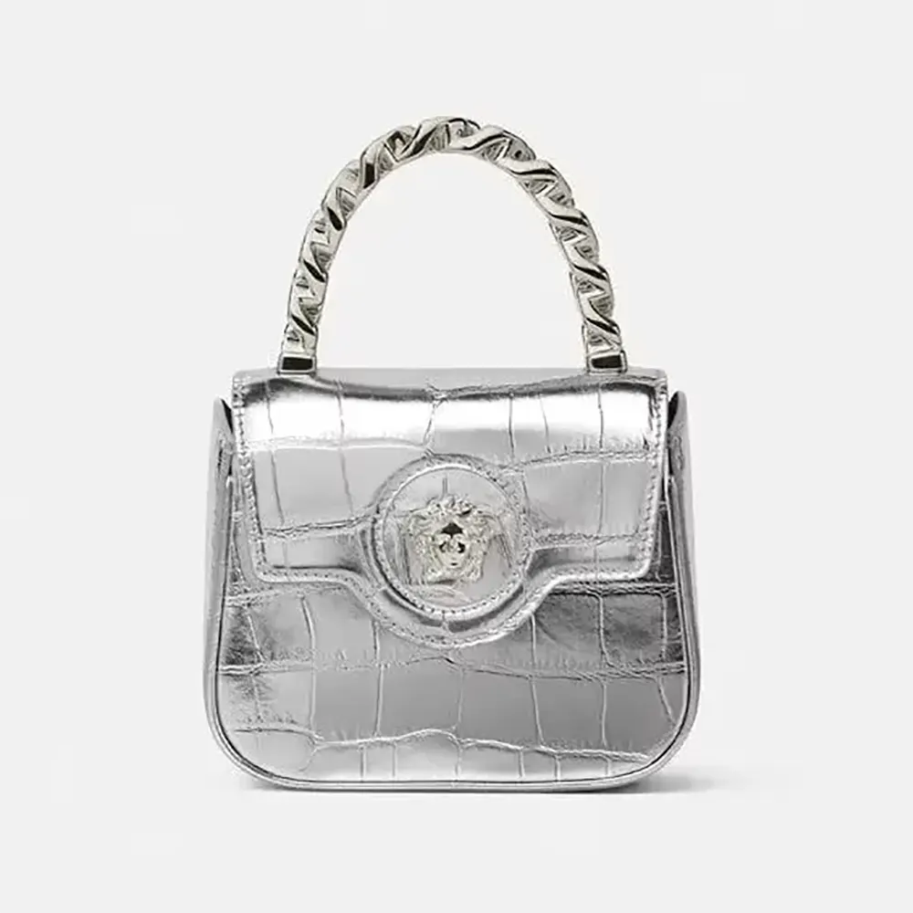 Front view of Versace Women La Medusa Metallic Mini Bag-Silver showcasing Medusa emblem