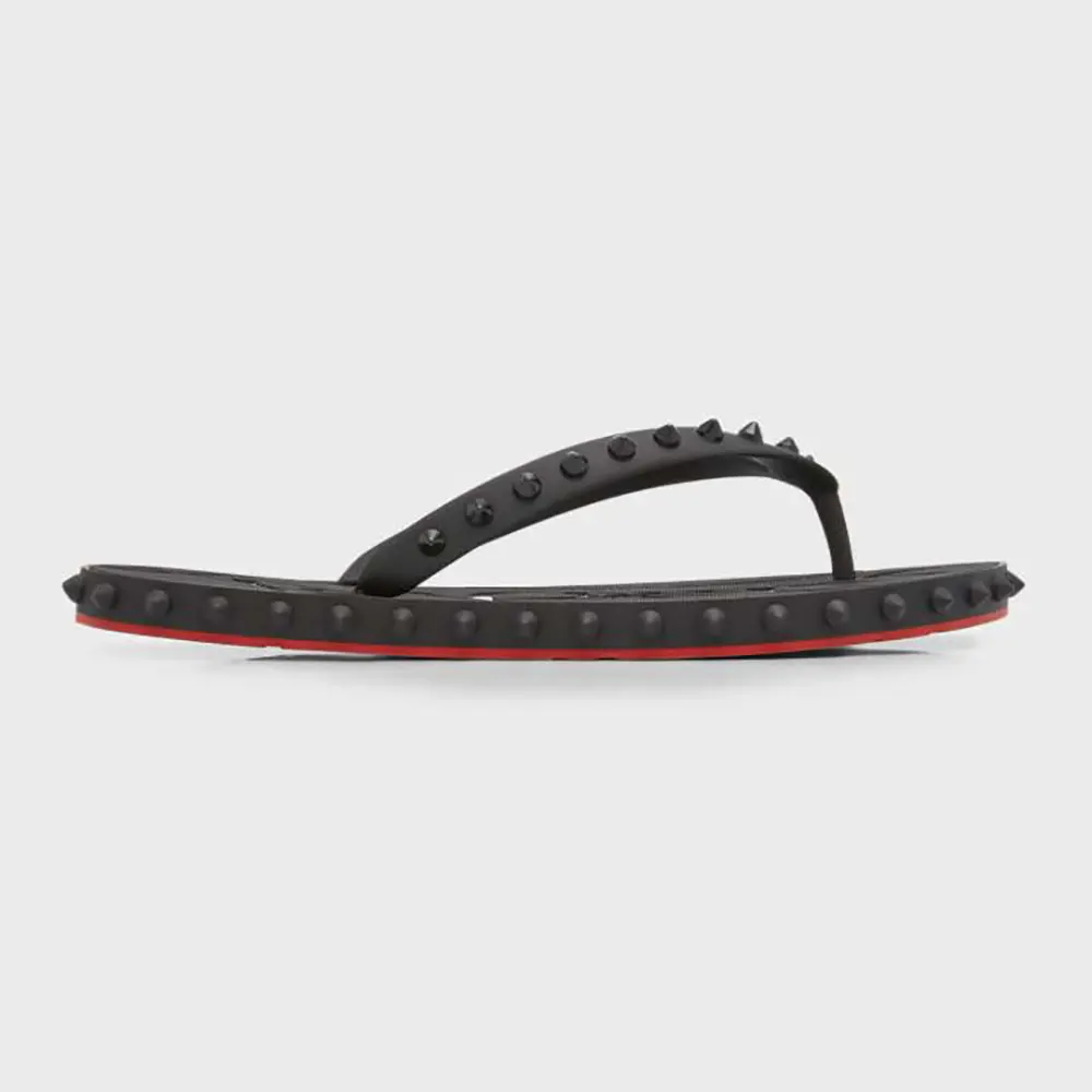Side view of Christian Louboutin Men Loubi Donna Spike Red Sole Flip Flops-Black
