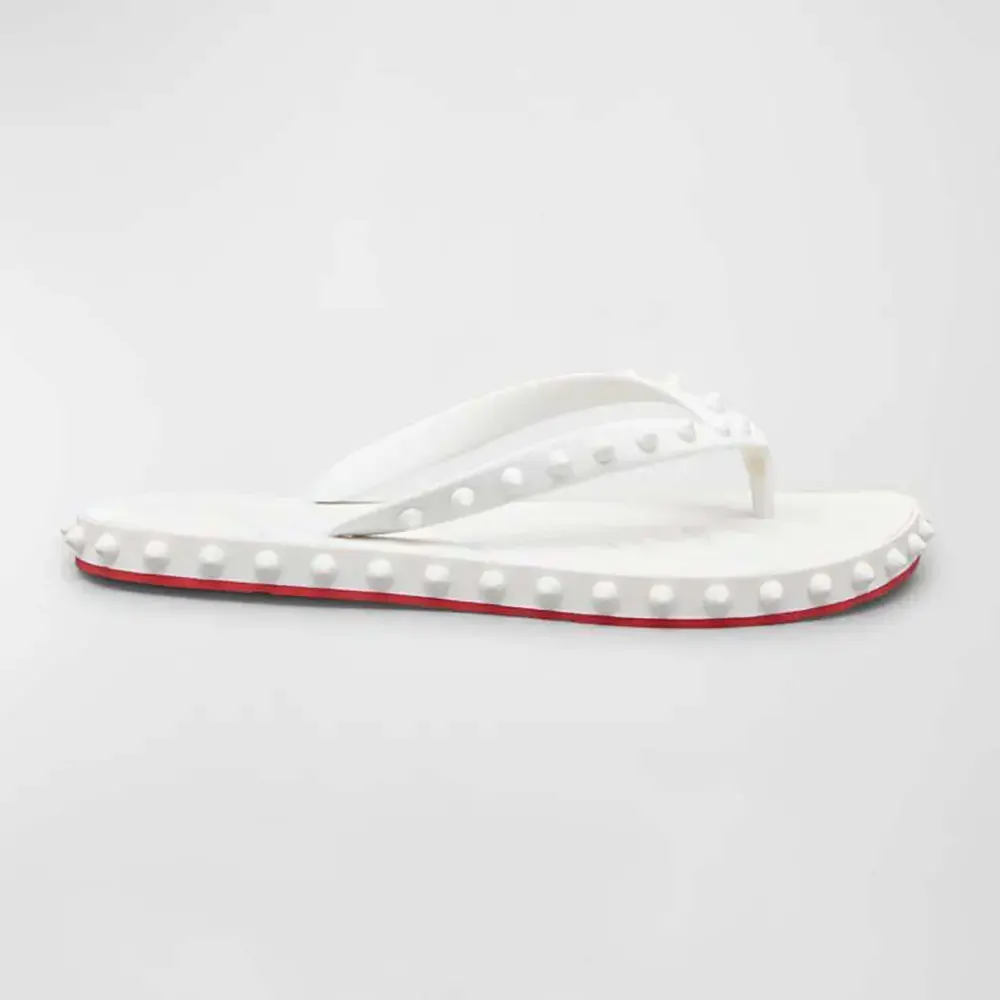 Side view of Christian Louboutin Men Loubi Donna Spike Red Sole Flip Flops-White