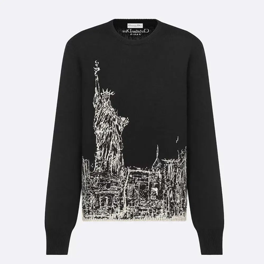 Front view of Dior Women Embroidered Sweater Black and White Knit