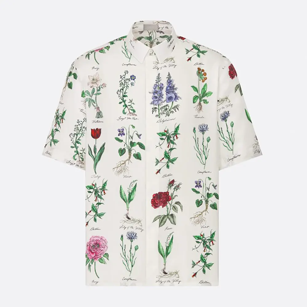 Front view of Dior Men Herbarium Illustration Short-Sleeved Shirt in white