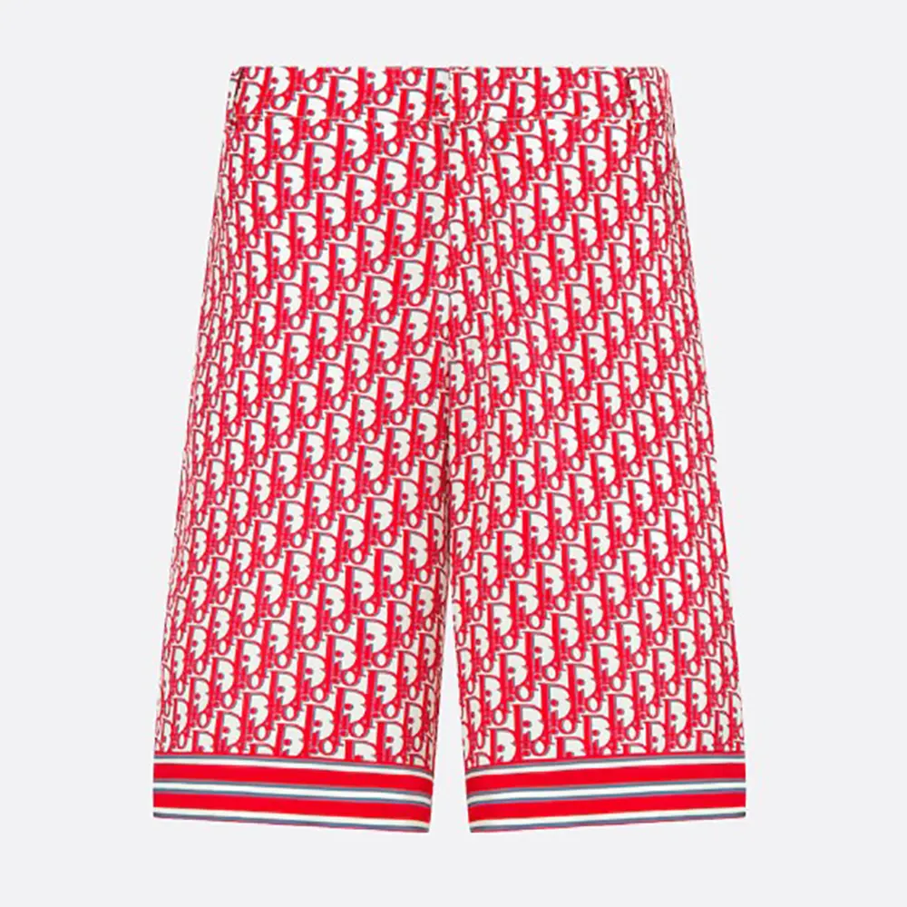Front view of Dior Men Oblique Bermuda Shorts in Silk Twill red