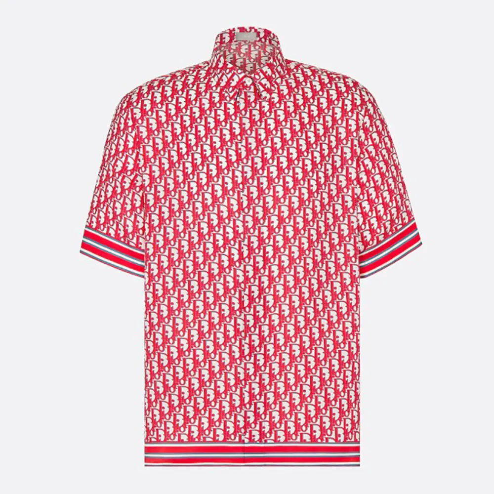 Front view of Dior Men Oblique Short-Sleeved Shirt in Silk Twill red