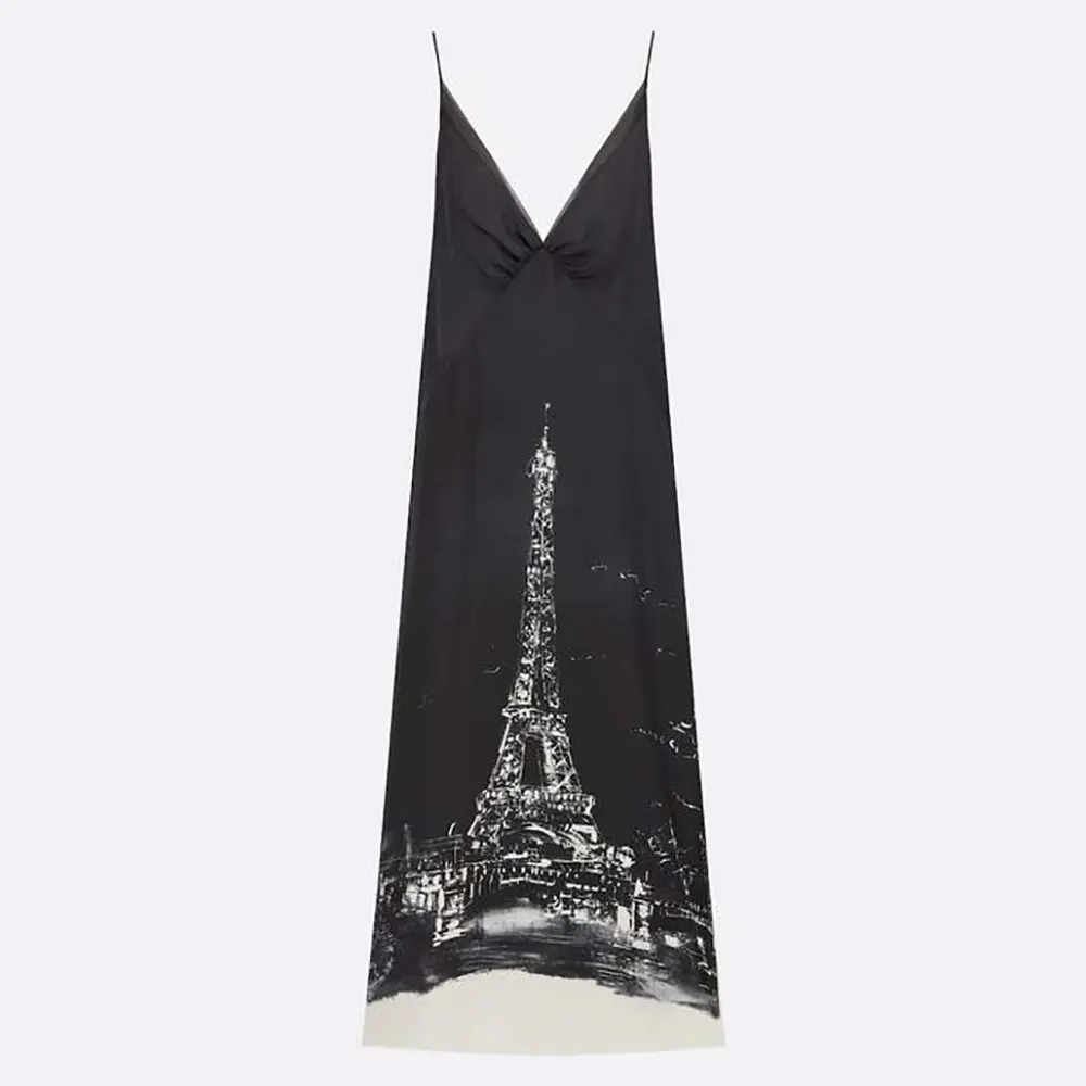 Front view of Dior Women A-Line Mid-Length Dress Black and White Silk Twill with Paris Motif