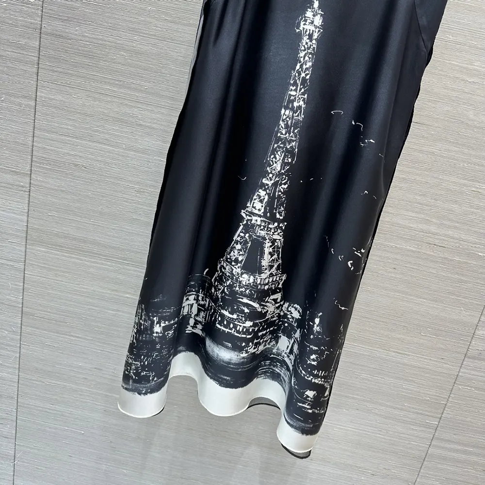 Dior Women A-Line Mid-Length Dress Black and White Silk Twill with Paris Motif - image 9