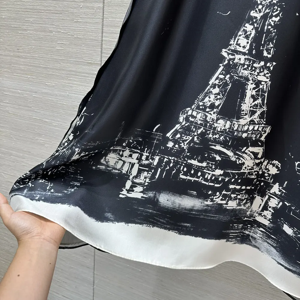 Dior Women A-Line Mid-Length Dress Black and White Silk Twill with Paris Motif - image 8
