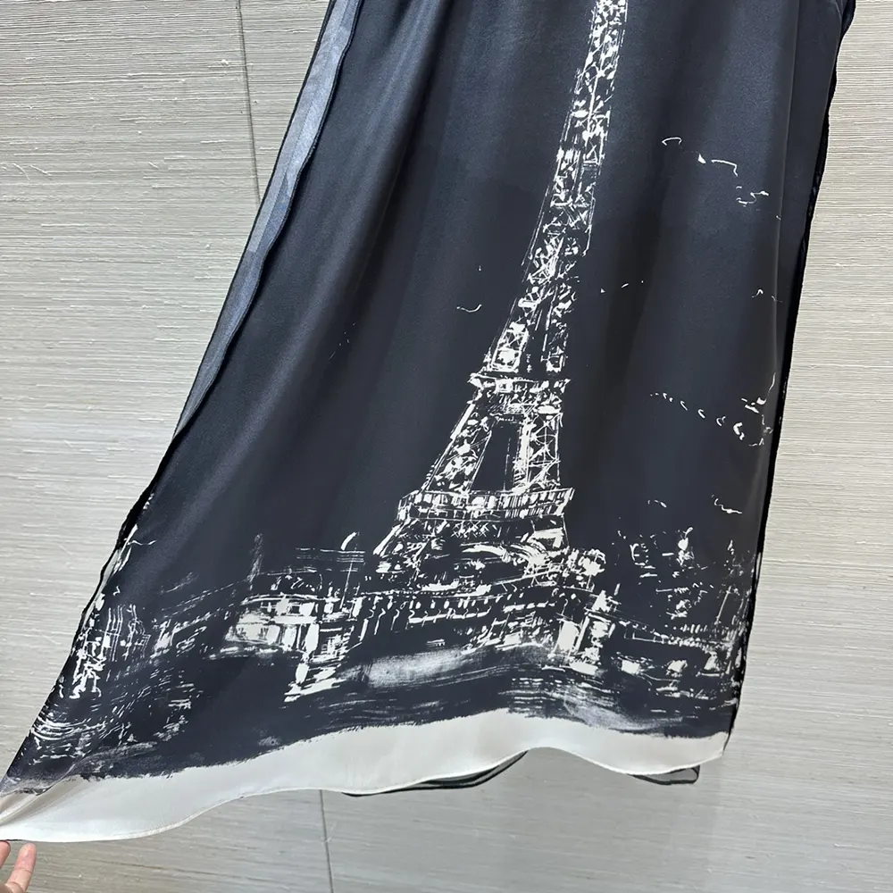 Dior Women A-Line Mid-Length Dress Black and White Silk Twill with Paris Motif - image 7