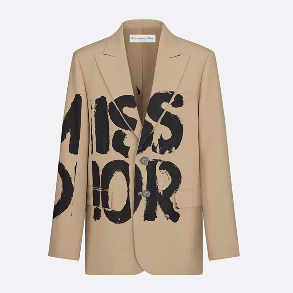 Front view of Dior Women Blazer Beige Virgin Wool and Mohair with black motif