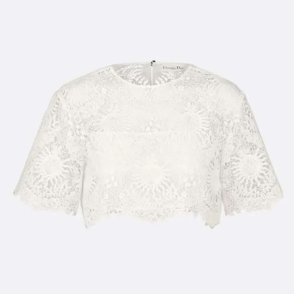 Front view of Dior Women Dioriviera Cropped Short-Sleeved Top white lace