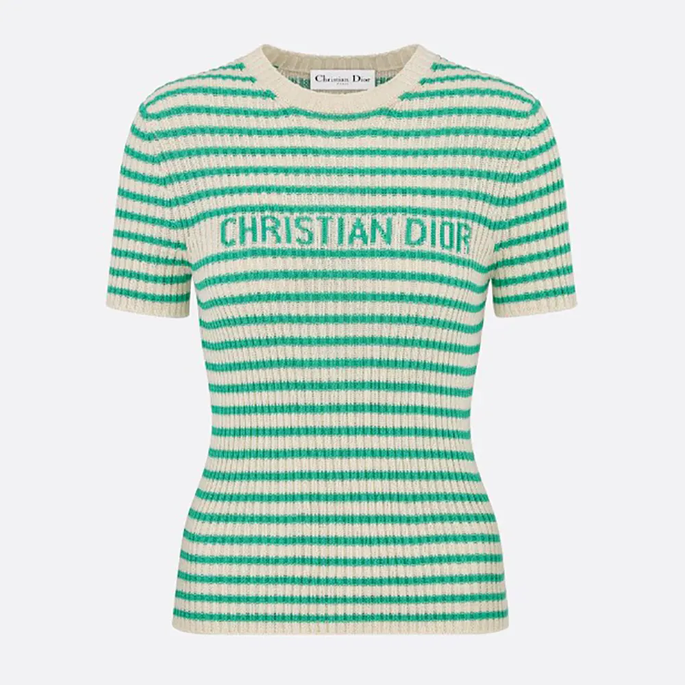 Front view of Dior Women Dioriviera Short-Sleeved Sweater in aqua cotton ribbed knit
