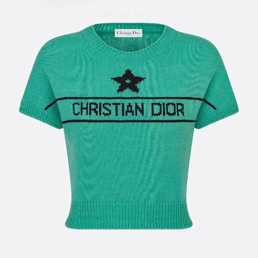 Front view of Dior Women Dioriviera Short-Sleeved Sweater Aquamarina Cashmere Knit