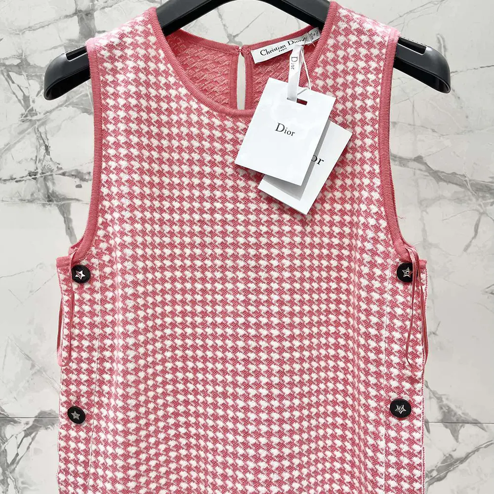 Dior Women Dioriviera Short Straight Dress White and Candy Pink Houndstooth Technical Knit - image 4