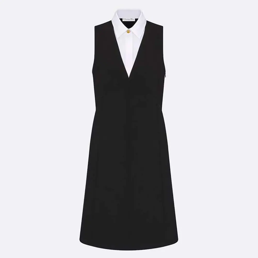 Front view of Dior Women Dress with spread collar and black wool crepe