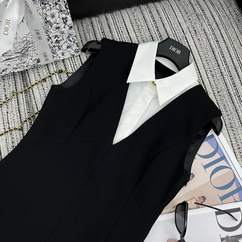Dior Women Dress with Spread Collar Black Double-Sided Virgin Wool Crepe and White Cotton Poplin - image 4