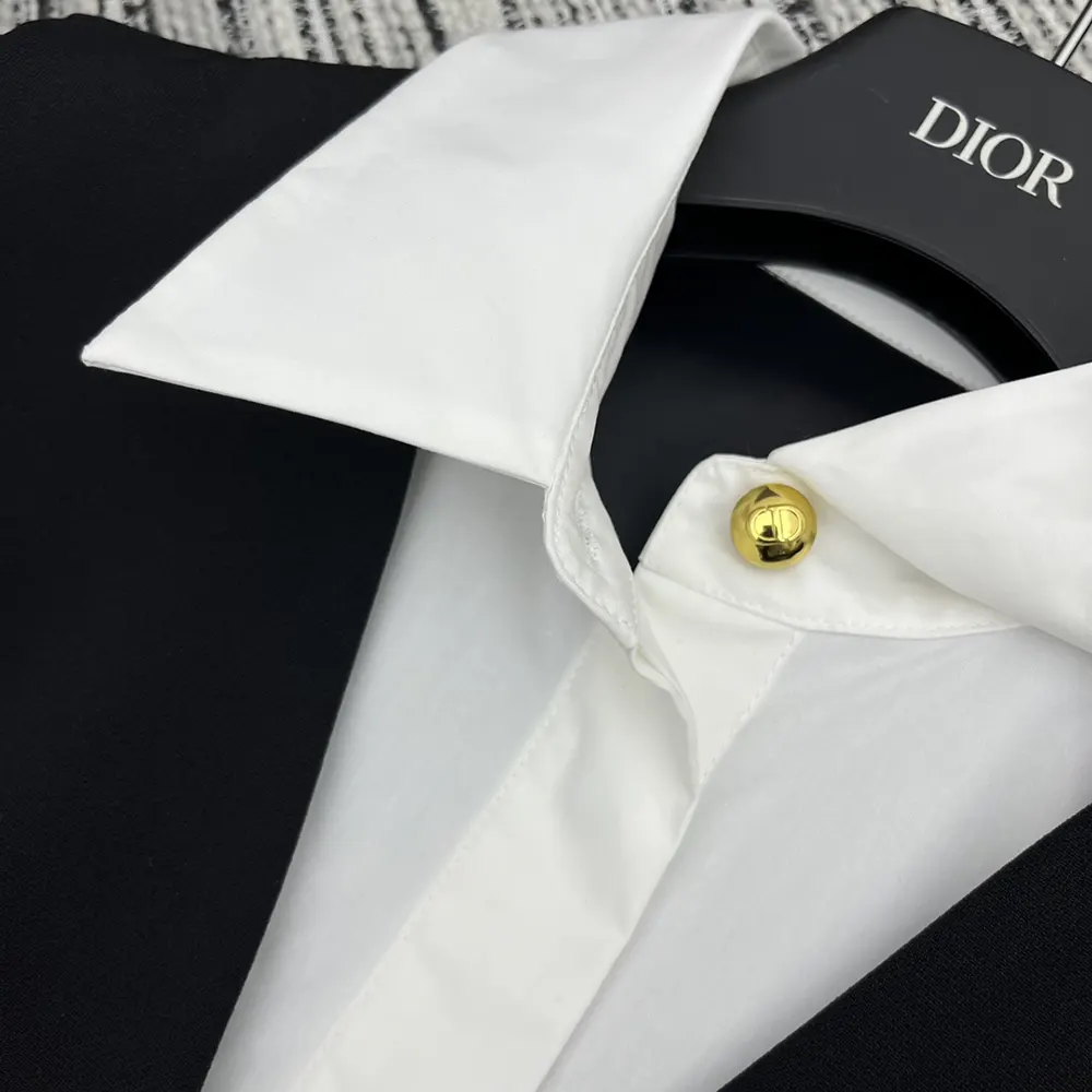 Dior Women Dress with Spread Collar Black Double-Sided Virgin Wool Crepe and White Cotton Poplin - image 6