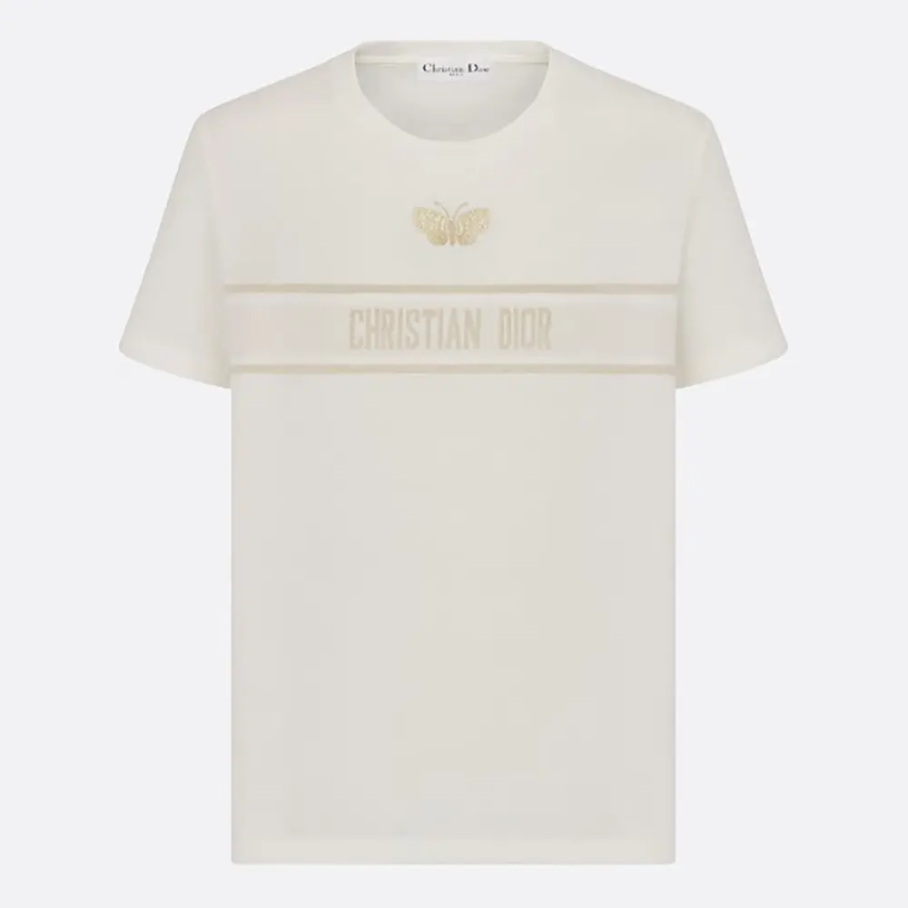 Front view of Dior Women Embroidered T-Shirt in white cotton jersey