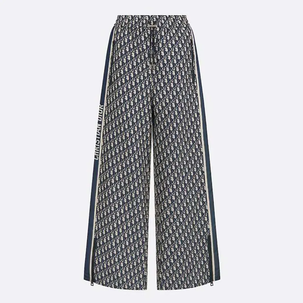 Front view of Dior Women Flared Pants Blue and Ecru Technical Taffeta Jacquard