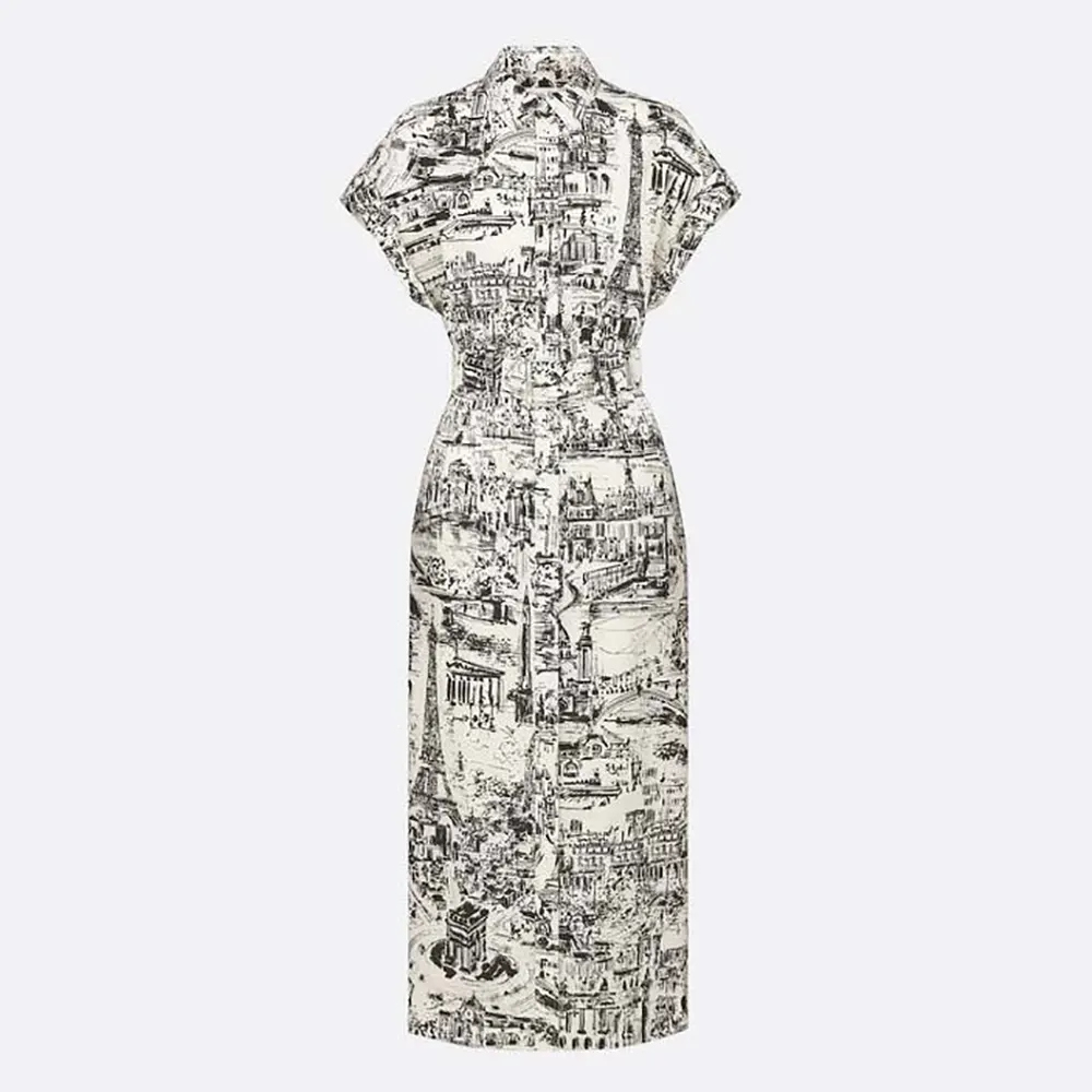 Front view of Dior Women Mid-Length Shirt Dress White and Black Poplin
