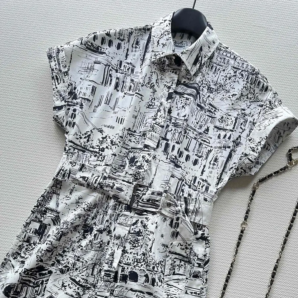 Dior Women Mid-Length Shirt Dress White and Black Cotton and Silk Poplin with Paris Allover Motif - image 4