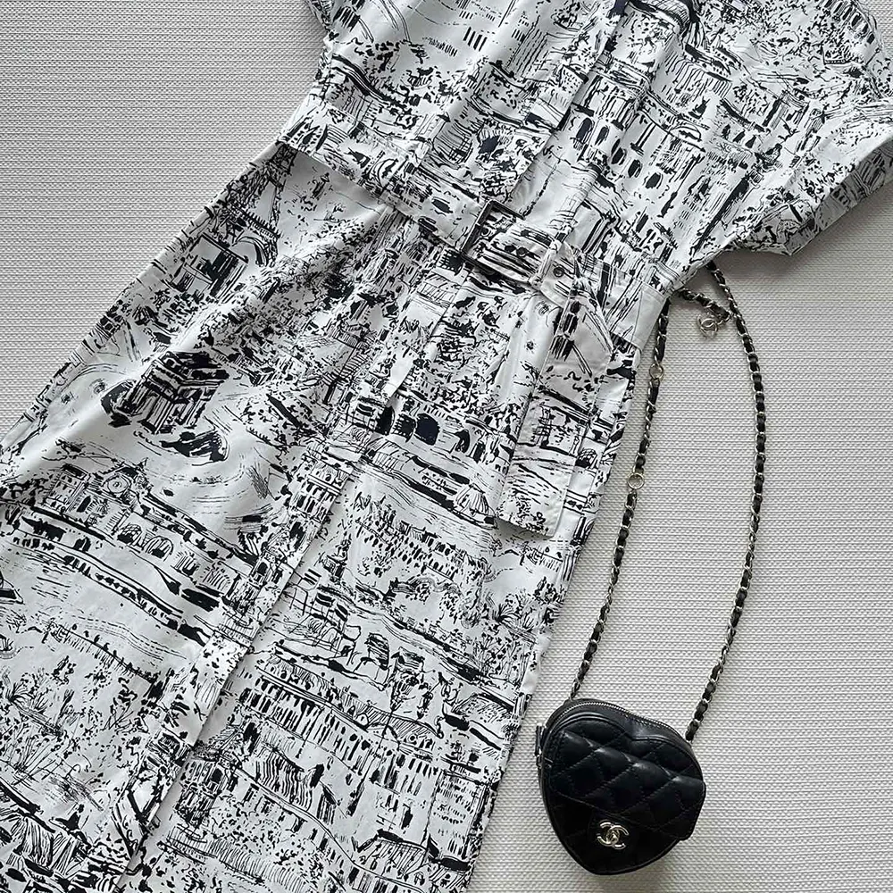 Dior Women Mid-Length Shirt Dress White and Black Cotton and Silk Poplin with Paris Allover Motif - image 7