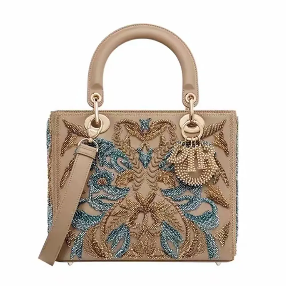 Front view of Dior Women Small Lady Bag Calfskin Embroidered with Multicolor Small Flowers