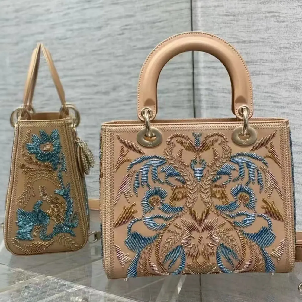 Close-up of multicolor floral embroidery on Dior Women Small Lady Bag calfskin