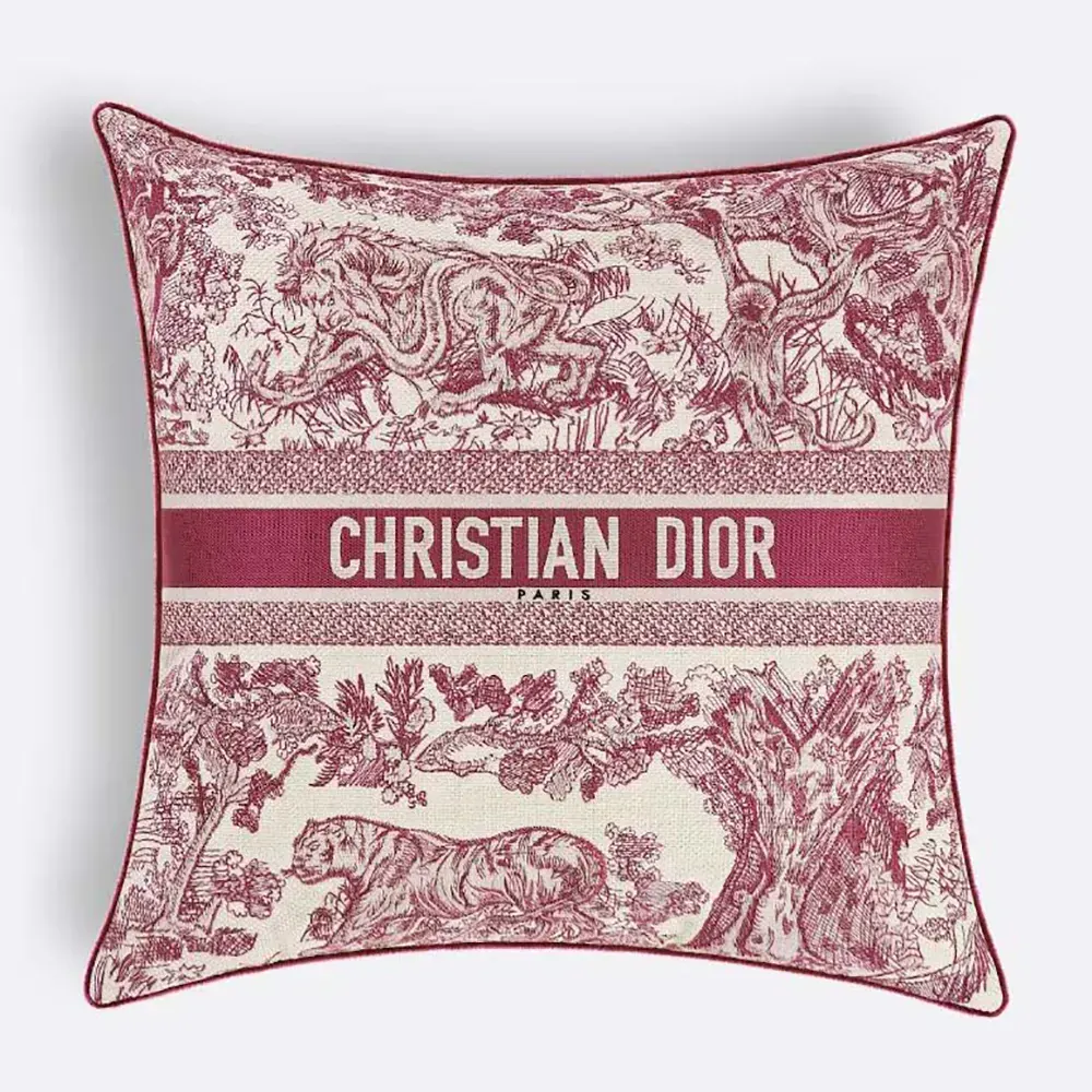 Front view of Dior Women Square Pillow Toile de Jouy Burgundy in rich red