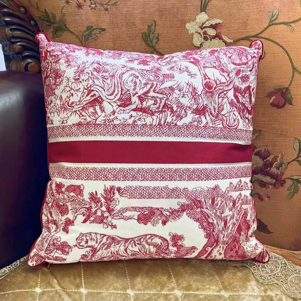 Side angle showing compact silhouette of Dior Women Square Pillow Toile de Jouy Burgundy