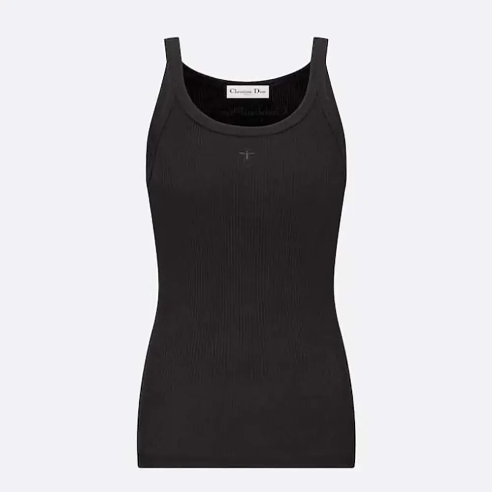 Front view of Dior Women Tank Top Black Ribbed Cotton Jersey on mannequin