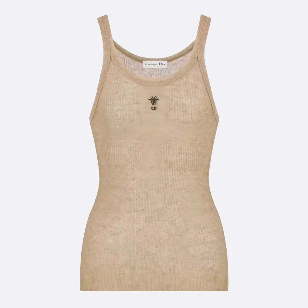 Front view of Dior Women Tank Top Sandy Ribbed Cotton Jersey in sandy colour