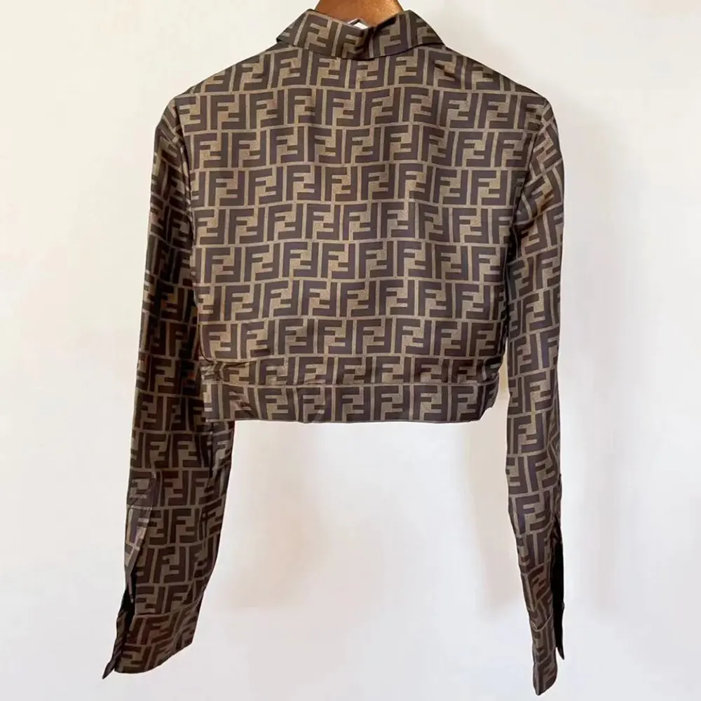 Side profile showing fit of Fendi Women Brown FF Twill Top