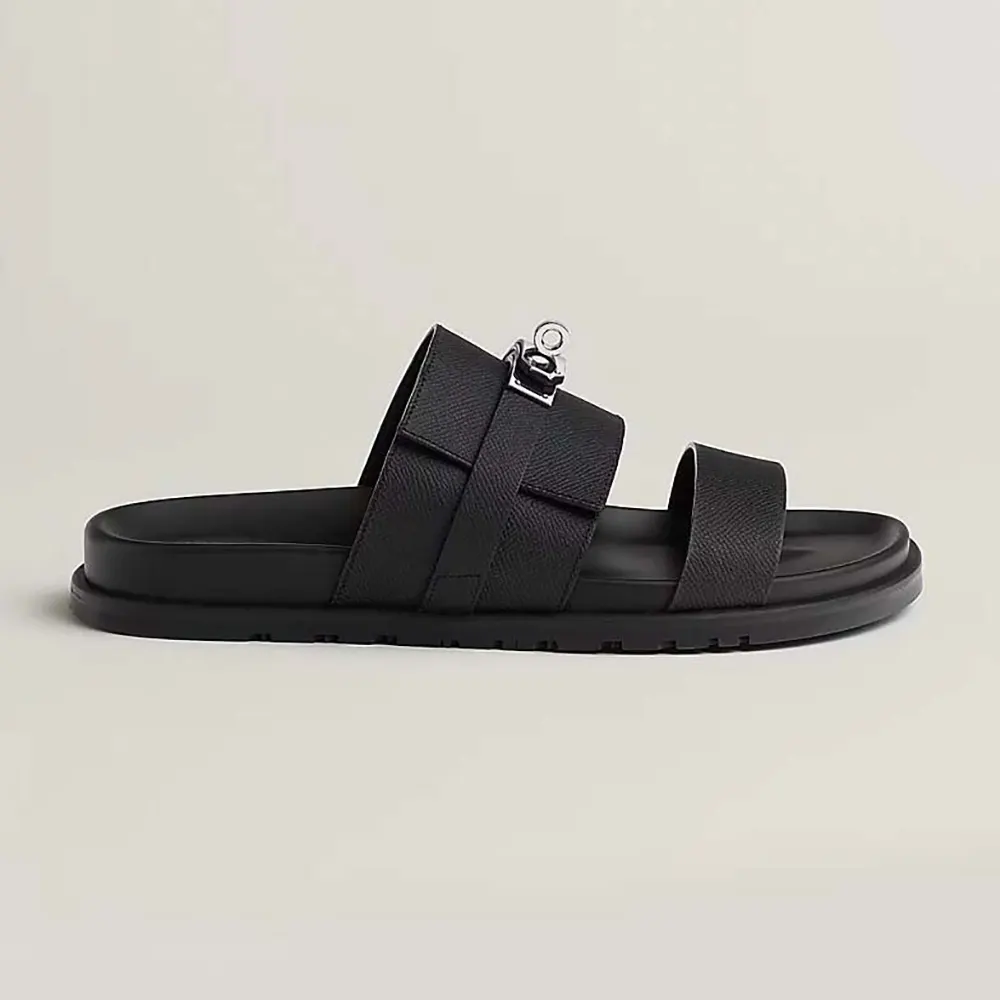 Side view of Hermes Unisex Jackson Sandal in Epsom Calfskin-Black